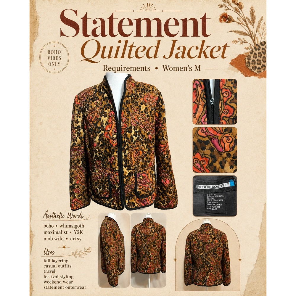 Requirements Quilted Jacket Leopard Paisley Print Brown Orange Size M Fair